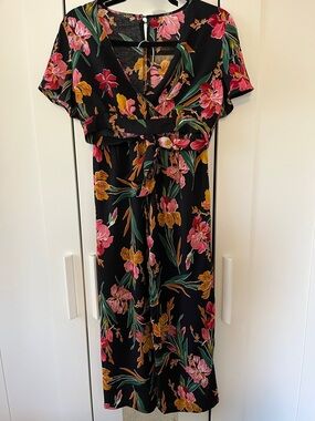 Floral Wrap Top & Pants Set in Black with Pink & Yellow Blooms